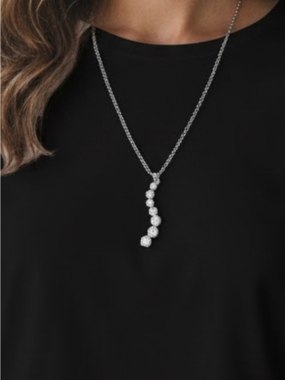 Silver Tone Crystal Graduated Drop Pendant Necklace - Silver